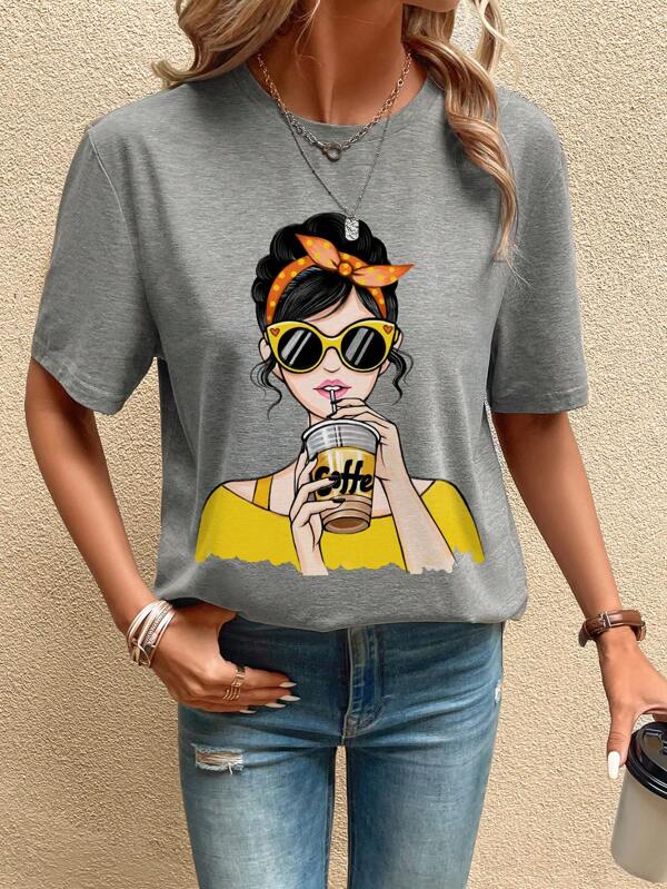 SHEIN LUNE Women Casual Figure Printed Fitted Short Sleeve Crew Neck T-Shirt, Suitable For Summer