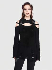 ROMWE Goth Jersey con abertura desgarro con capucha - Negro - Ver 3