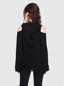 ROMWE Goth Jersey con abertura desgarro con capucha - Negro - Ver 5