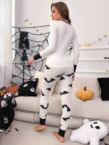 Set pigiama con grafica a contrasto con slogan e cartoni animati di Ognissanti, abbigliamento autunnale - Bianco - Visualizzare 2