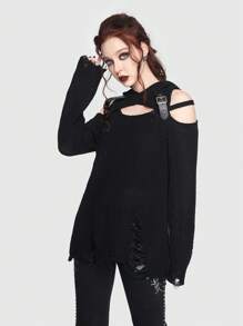 ROMWE Goth Jersey con abertura desgarro con capucha - Negro - Ver 6