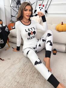 Set pigiama con grafica a contrasto con slogan e cartoni animati di Ognissanti, abbigliamento autunnale - Bianco - Visualizzare 4