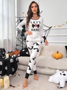 Set pigiama con grafica a contrasto con slogan e cartoni animati di Ognissanti, abbigliamento autunnale - Bianco - Visualizzare 5
