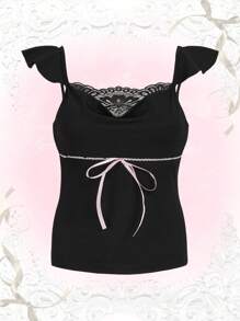 ROMWE Fairycore Plus Contrast Lace Ruffle Trim Top - Black - View 2