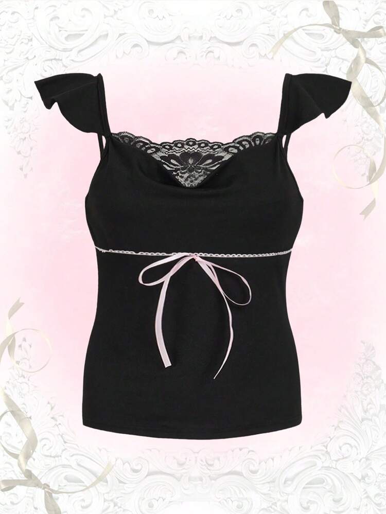 Plus Contrast Lace Ruffle Trim Top