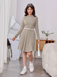 Thiếu niên cô gái Cổ giả Đồ đan Ribbed Đầm Không có thắt lưng - Màu be - Xem 4