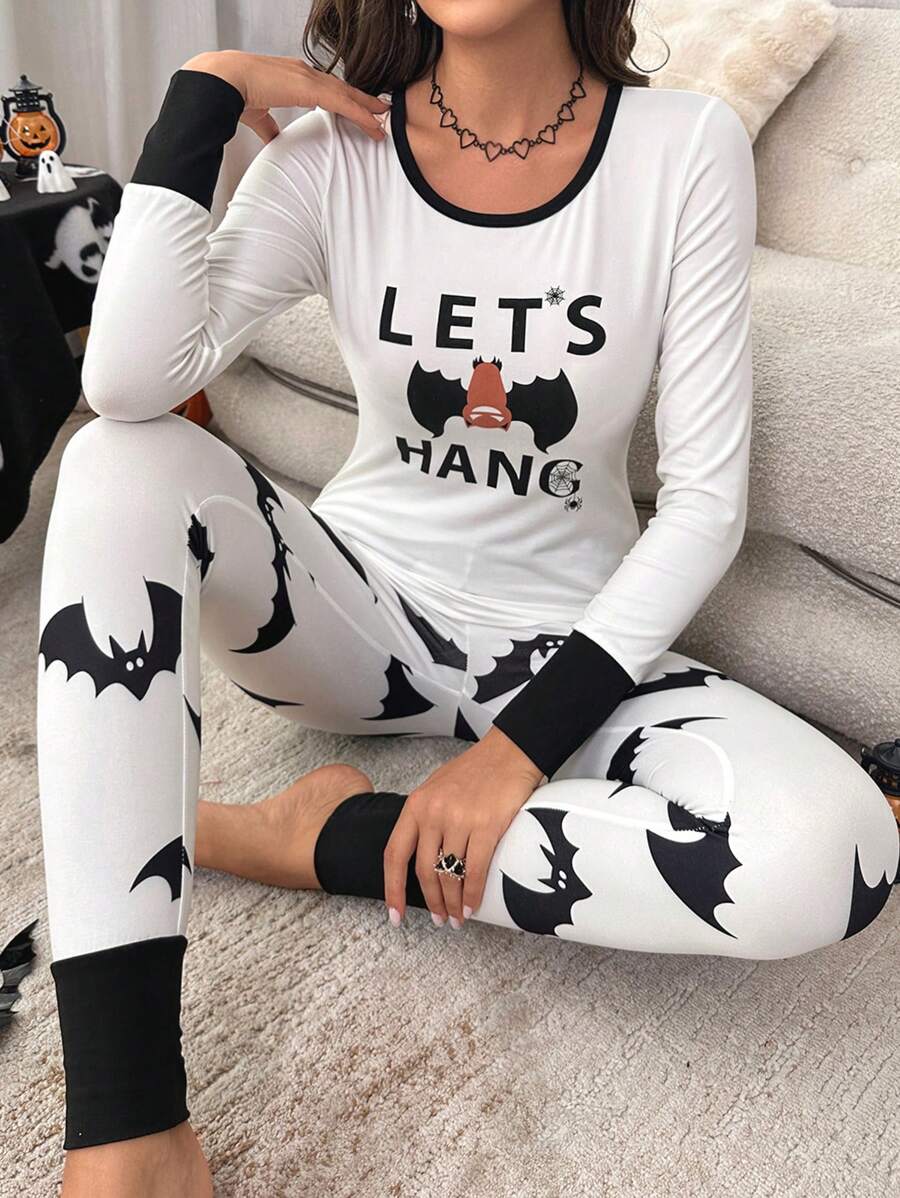 Set pigiama con grafica a contrasto con slogan e cartoni animati di Ognissanti, abbigliamento autunnale - Bianco - Visualizzare 1