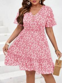 SHEIN VCAY 大碼碎花荷葉邊洋裝 - 粉色 - 查看 1