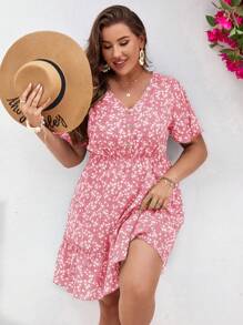 SHEIN VCAY 大碼碎花荷葉邊洋裝 - 粉色 - 查看 6