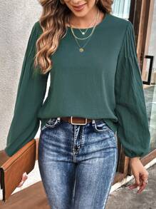 SHEIN LUNE Solid Lantern Sleeve Blouse - Dark Green - View 1