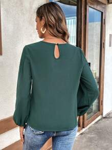SHEIN LUNE Solid Lantern Sleeve Blouse - Dark Green - View 2