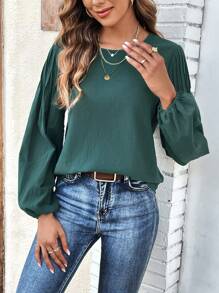 SHEIN LUNE Solid Lantern Sleeve Blouse - Dark Green - View 6
