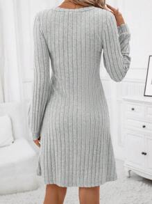 SHEIN Clasi Chất rắn Cổ v Đồ đan Ribbed Đầm - Màu Xám nhạt - Xem 2