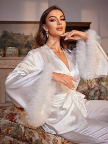 Slumberist 网纱饰边腰带缎面睡衣套装/白色睡衣套装，秋冬舒适优雅细节 - 白色 - 查看 3