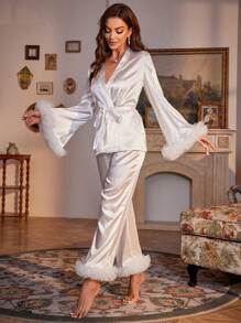 Slumberist 网纱饰边腰带缎面睡衣套装/白色睡衣套装，秋冬舒适优雅细节 - 白色 - 查看 4