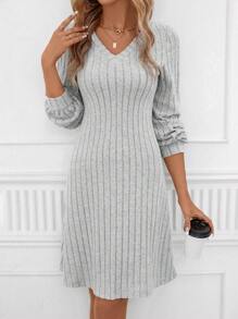 SHEIN Clasi Chất rắn Cổ v Đồ đan Ribbed Đầm - Màu Xám nhạt - Xem 1