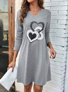 SHEIN LUNE In Trái tim Cổ v Váy áo thun - Xám - Xem 1