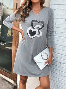 SHEIN LUNE In Trái tim Cổ v Váy áo thun - Xám - Xem 3