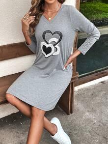 SHEIN LUNE In Trái tim Cổ v Váy áo thun - Xám - Xem 6