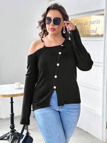 SHEIN Privé 大碼不規則肩前紐扣下擺開叉套頭毛衣 - 黑色 - 查看 1