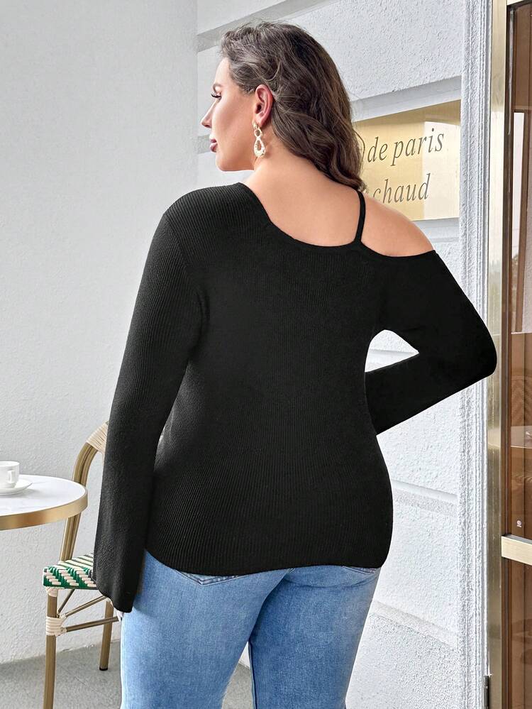 Plus Asymmetrical Shoulder Button Front Split Hem Sweater