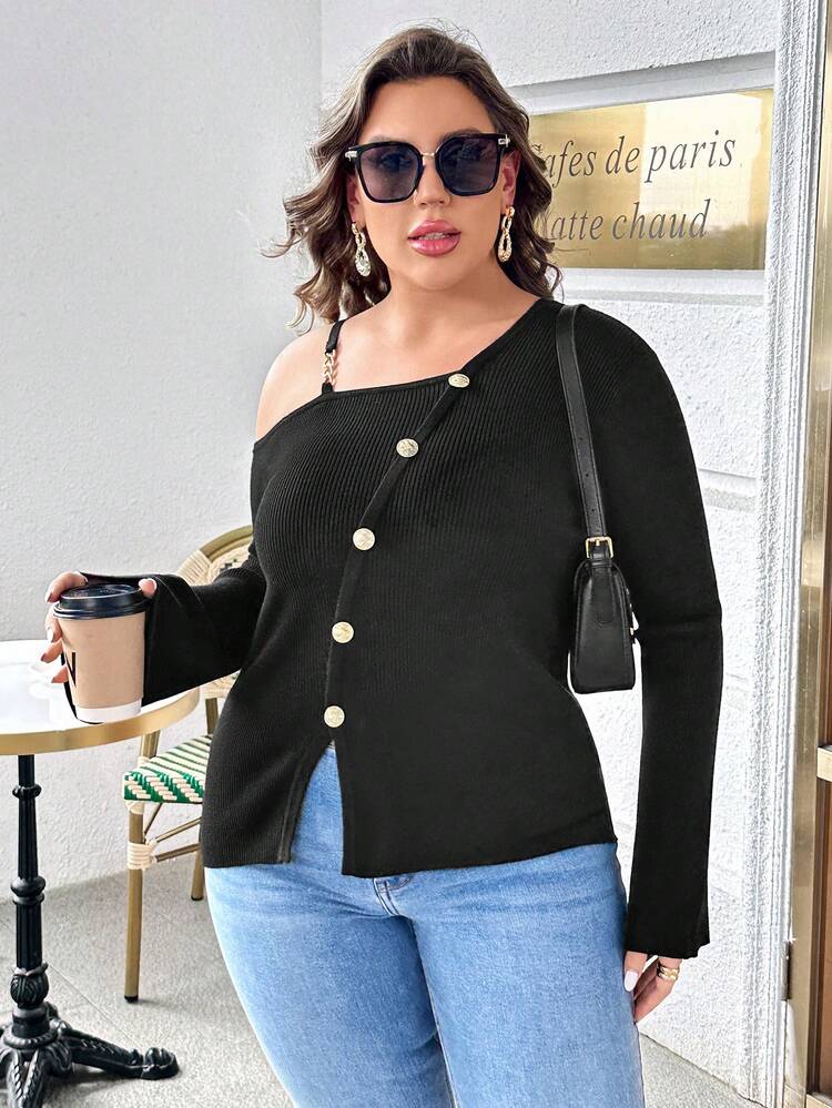Plus Asymmetrical Shoulder Button Front Split Hem Sweater
