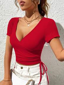 SHEIN Essnce 休閒褶邊 羅紋針織 抽繩 交叉純色女士T恤