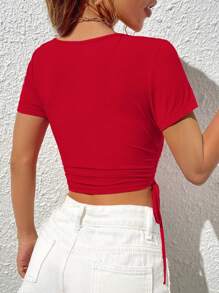 SHEIN Essnce 休閒褶邊 羅紋針織 抽繩 交叉純色女士T恤