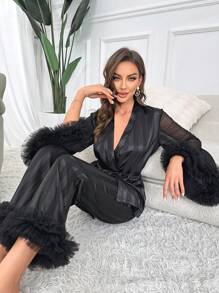 Fuzzy Trim Belted PJ Set / Pajama Set - Black - View 1