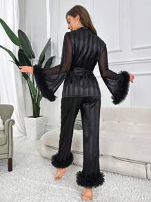 Fuzzy Trim Belted PJ Set / Pajama Set - Black - View 2