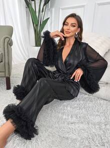 Fuzzy Trim Belted PJ Set / Pajama Set - Black - View 3