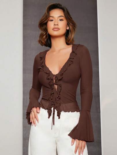 SHEIN BAE Top ribete con fruncido de manga amplia con nudo delantero ribete en forma de lechuga de malla