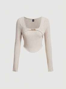 SHEIN MOD 素色條紋針織水鑽鏈條細節弧形下擺T恤 - 米色 - 查看 1