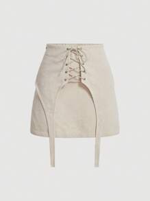 SHEIN MOD Falda con cordón delantero unicolor de pana - Beis - Ver 1