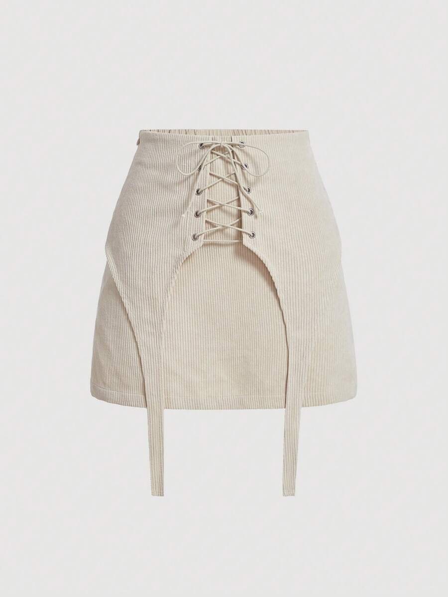 SHEIN MOD Lace Up Front Solid Cord Skirt - Beige - View 1
