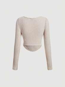 SHEIN MOD 素色條紋針織水鑽鏈條細節弧形下擺T恤 - 米色 - 查看 2