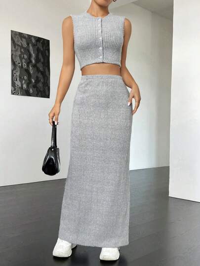 Muchica 前紐扣短款背心&半身裙