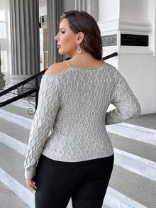 SHEIN Privé Hơn Chi tiết chuỗi Vai lạnh Mặt trước xoắn Áo len - Màu Xám nhạt - Xem 2