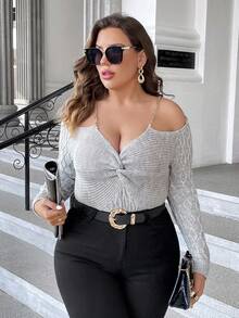 SHEIN Privé Hơn Chi tiết chuỗi Vai lạnh Mặt trước xoắn Áo len - Màu Xám nhạt - Xem 3