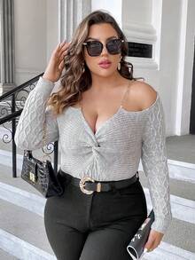 SHEIN Privé Hơn Chi tiết chuỗi Vai lạnh Mặt trước xoắn Áo len - Màu Xám nhạt - Xem 4