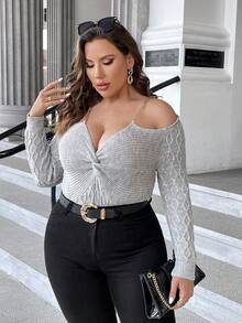 SHEIN Privé Hơn Chi tiết chuỗi Vai lạnh Mặt trước xoắn Áo len - Màu Xám nhạt - Xem 5