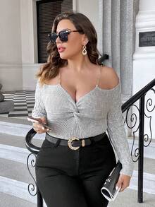 SHEIN Privé Hơn Chi tiết chuỗi Vai lạnh Mặt trước xoắn Áo len - Màu Xám nhạt - Xem 6