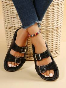 Ladies' Flat Sandals With Buckle Decoration And Footbed Design - Black - View 1