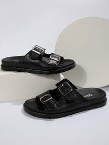 Ladies' Flat Sandals With Buckle Decoration And Footbed Design - Black - View 2