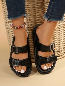 Ladies' Flat Sandals With Buckle Decoration And Footbed Design - Black - View 4