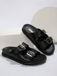 Ladies' Flat Sandals With Buckle Decoration And Footbed Design - Black - View 5