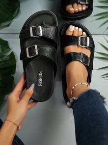 Ladies' Flat Sandals With Buckle Decoration And Footbed Design - Black - View 6