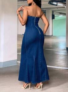 SHEIN SXY Mermaid Hem Tube Denim Dress - Dark Wash - View 2