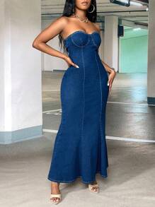 SHEIN SXY Mermaid Hem Tube Denim Dress - Dark Wash - View 4