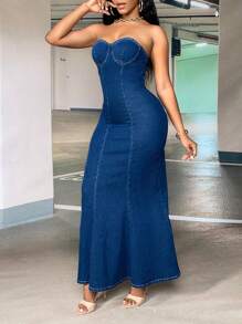 SHEIN SXY Mermaid Hem Tube Denim Dress - Dark Wash - View 5